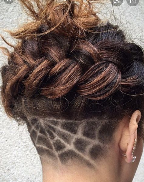 Spiderweb Undercut, Undercut Design, Girl Undercut, Undercut Hair Designs, Punk Hairstyles, Haircut Undercut, Undercut Long Hair, Halo Braid, Shaved Hair Designs