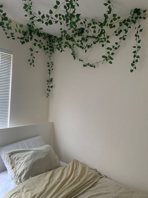 Vines Bedroom, Bedroom Aesthetic Green, Vines For Room, Wall Vines, Chb Cabins, Diy Paper Lanterns, Fake Vines, Hanging Greenery, Green Room Decor