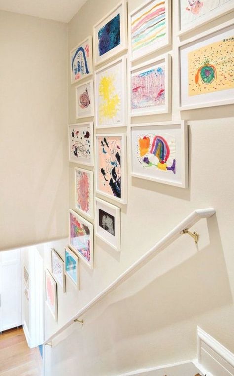 Art Display Kids, Basement Playroom, House Of Turquoise, Staircase Decor, Stair Case, Playroom Design, Kids Artwork, Toy Rooms, Artwork Display