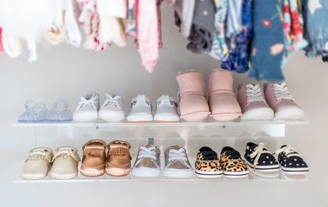 Holland's Nursery and Closet Reveal - Madison Nursery Closet Shoe Organization, Nursery Shoe Storage, Baby Shoe Organizer, Organizing Baby Shoes, Toddler Shoe Organization, Shoes Organization Ideas, Organize Baby Shoes, Baby Shoe Organization, Baby Shoe Storage