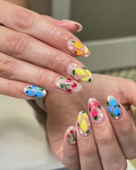 She requested “fruit salad nails” 🍊🍓🍒🫐🍋 Took 1.5 hours and priced at $85🫶🏼 Nail Specialist, 5 Hours, Fruit Salad, Aurora, Nail Designs, Salad, Fruit, Nails, On Instagram