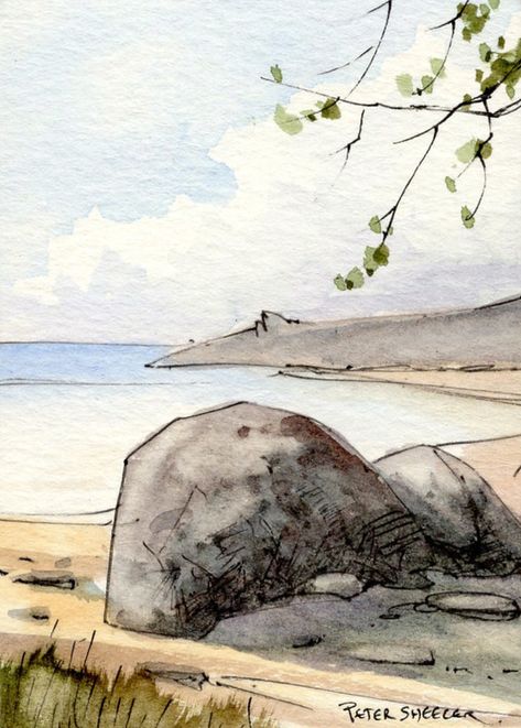 Peter Sheeler, Beginners Drawing, Drawing Ideas For Beginners, Watercolor House Painting, Watercolor Art Landscape, Pen And Wash, Circle Drawing, Watercolour Inspiration, Beach Watercolor