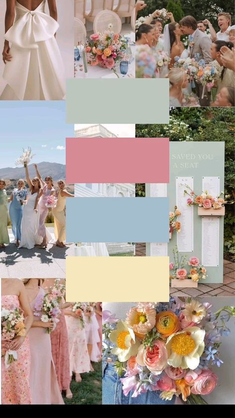 pastel summer wedding pallete inspo Floral Pastel Color Palette, Wedding Pastel Colors Bridesmaids, Color Scheme Party Ideas, Wedding Theme Spring Colors, Wedding Color Palette 2024 Summer, Wedding Colours Scheme, Summer Colours Wedding, Summer Wedding Pastel Colors, Wedding Mood Board Spring