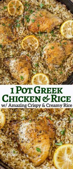 One Pot Greek Chicken and Rice with roasted lemon halves is a quick weeknight meal with garlic, lemon, and super flavorful seasoned rice pilaf. Greek Chicken And Rice, Animal Friendships, Recipes Skillet, Rice Dinner, Chicken Thigh Recipes Crockpot, Rice Pilaf, Seasoned Rice, Greek Dishes, Remodel Inspiration