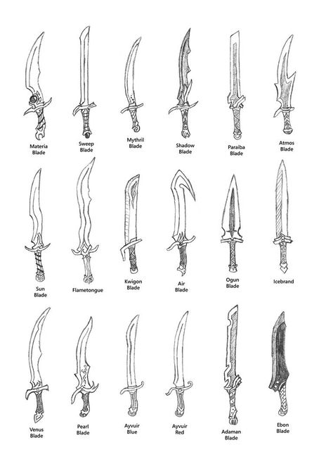 Weapons of FFTA-Blades by Bladedog Drawings Of Knives, Drawing Knives, Dagger Designs Ideas, Knife Drawing, Medieval Swords, Types Of Swords, Types Of Knives, 판타지 아트, Medieval Fantasy