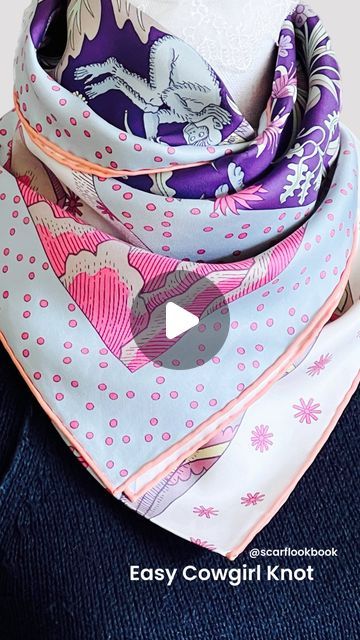 Hermes Scarf Tutorials Fashion on Instagram: "This is a tutorial for my new Easy Cowboy Knot. Very often Hermes will put borders around the artwork of the scarf. With this easy knot, you can showcase them beautifully and highlight their interesting hemlines and designs.This is an easy way to use borders and hemlines effectively. It takes less an a minute to do, I promise! As I mentioned previously, moving forward, my tutorial will include a basic version. Tutorials for variations of the knots will be posted for my book fans at a later date. SCARF: #lepremierchant by #edouardbaribeaud Sometimes I select a scarf based on the colors. This is one of those times. You can see how messy the scarf looks. But I fell in love with the lavender and green portion of the design. The scarf requires How To Put On A Scarf, Cowboy Knot, Scarf Looks, Scarf Tutorial, Fashion Tutorial, Faded Jeans, Hermes Scarf, Scarf Tying, Fan Book