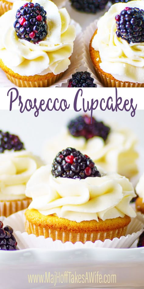 Prosecco Cupcakes, Filling Cupcakes, Prosecco Cake, Blackberry Filling, Blackberry Compote, Wine Cupcakes, Boozy Cupcakes, Champagne Cupcakes, Pop The Bubbly