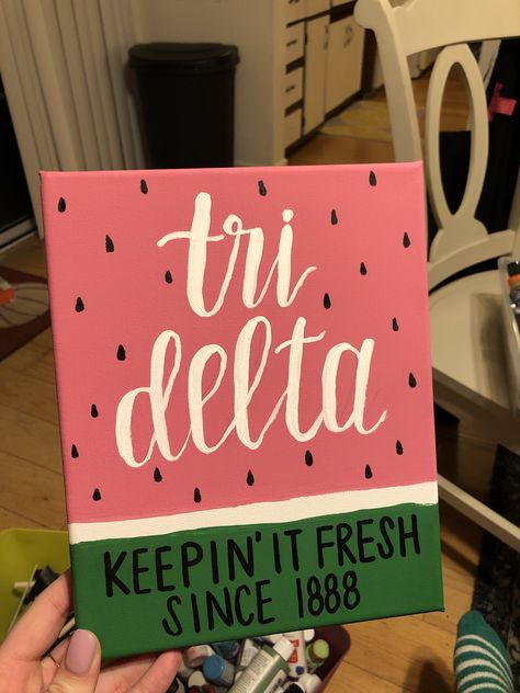 Tri Delta Canvas Painting, Tri Delta Canvas, Delta Delta Delta Canvas, Canvas Background Ideas, Sorority Canvas Paintings, Sorority Decorations, Door Decorations College, Little Gifts Sorority, Vinyl Paintings