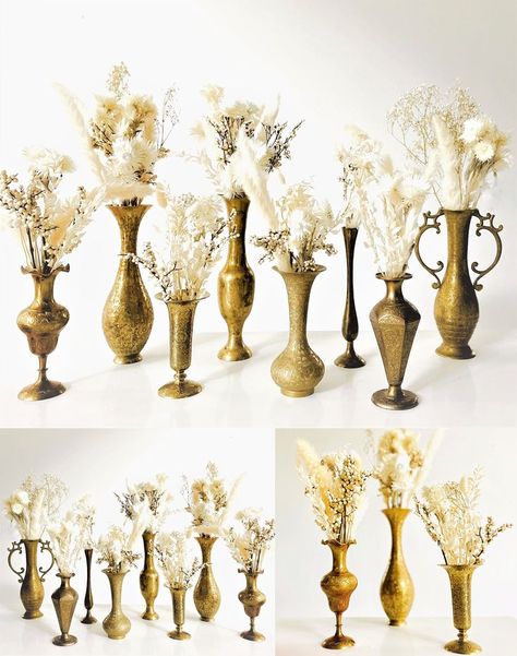 oak and ivy wedding decor Brass Vase Wedding, Dried Floral Centerpieces, Bud Vases Wedding, Brass Accent Table, Dried Floral Arrangements, Brass Vases, Vintage Brass Decor, Grass Wedding, Flower Vase Arrangements