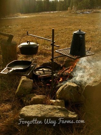 Camping, Glamping, and Outdoor Living - Forgotten Way Farms Fire Pit Cooking, Camping Sauvage, Outdoor Cooking Area, Campfire Cooking, The Secret Garden, Camping Glamping, Lodge Decor, Cast Iron Cooking, Cooking Area