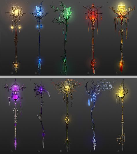 Staff concepts 01 by tealover007 Staff Magic, Wizard Staff, Elemental Magic, Fantasy Props, Magic Art, 판타지 아트, 그림 그리기, Dungeons And Dragons, Game Art