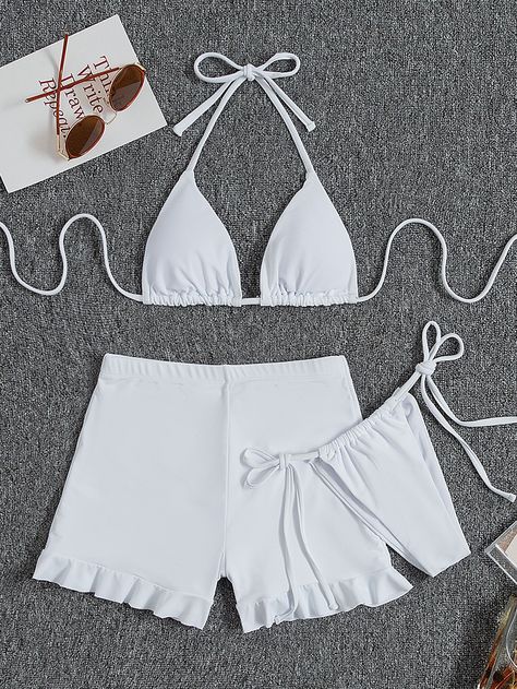 White Sexy   Nylon Plain  Embellished High Stretch  Women Beachwear White Triangle Halter Top For Beachwear, White Swimwear With Built-in Shorts, White Triangle Top Swimwear With String Tie, White Triangle Top Swimwear With Straps, White Triangle Top Swimwear With Drawstring, Swim Shorts Women, Beachwear For Women, Swim Shorts, Boho Shorts