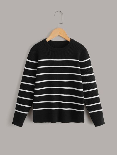 Black and White Casual  Long Sleeve Polyester Striped Pullovers Embellished Slight Stretch Spring/Fall Girls Clothing Black And White Sweaters, Black And White Clothes, Striped Sweater Outfit, Sweater Outfits Men, True Summer, Ropa Aesthetic, Jumper Outfit, Clothes Winter, Black Jumper