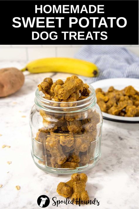 Sweet Potato Dog Treats made with sweet potato, banana, egg, coconut oil, and oat flour. Get the easy recipe and find out how to make the best sweet potato treats for dogs. These crunchy homemade sweet potato dog treats are less expensive than store-bought and have simple ingredients with no preservatives. #dogtreats #homemadedogtreats #diydogtreats Grain Free Sweet Potato Dog Treats, Sweet Potato Dog Treats Homemade, Sweet Potato Banana, Banana Dog Treat Recipe, Dog Cookie Recipes, Sweet Potato Dog, Sweet Potato Dog Treats, Potato Dog, Pet Treats Recipes