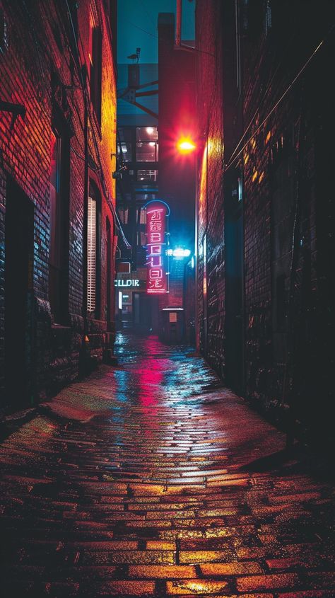 Neon Night Alley: A mysterious #alleyway illuminated by the glow of #neonsigns under the cover of #nighttime. #cityscape #urbanart #aiartwork #aesthetic #stockcake ⬇️ Download and 📝 Prompt 👉 https://stockcake.com/i/neon-night-alley_196660_35071 Night City Landscape Photography, Neon Night Aesthetic, Street At Night Aesthetic, Alleyway Background, Lit Up City, Streetlights At Night, Alleyway Aesthetic, Alleyway Art, New York Night Life