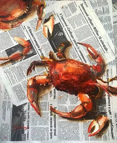 Newspaper Painting, Avocado Painting, Crab Painting, Newspaper Canvas, Sea Artwork, Art Deco Paintings, Newspaper Art, Sea Life Art, Food Painting