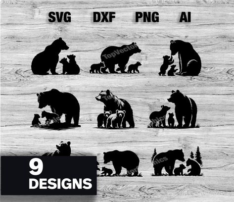 Mama Bear And Two Cubs Tattoo, Mama Bear And Cubs Drawing, Momma Bear Tattoo, Stencil Animals, Mama Bear With Cubs, Baby Bear Tattoo, Mama Bear And Cubs, Bear And Cubs, Graphic Silhouette