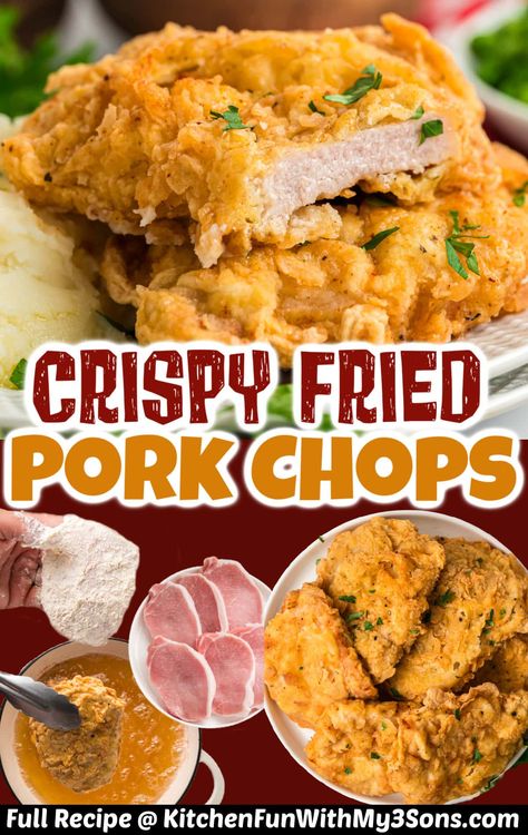 Breaded then fried to crispy perfection, these Fried Pork Chops make a quick and easy weeknight dinner. All you need is a handful of ingredients and they're ready in just 35 minutes! Easy Fried Pork Chops, Porkchops Dinner Ideas, Best Fried Pork Chops, Crispy Pork Chops, Fried Boneless Pork Chops, Pan Fried Pork Chops, Breaded Pork Chops, Tender Pork Chops, Easy Pork Chops