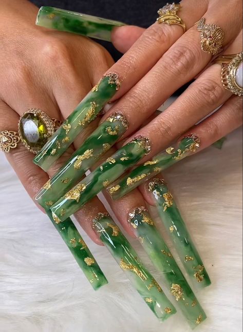 Jade Green Nails, Short Coffin Nails Designs, Jade Nails, Dragon Nails, Emerald Nails, Boho Nails, French Acrylic Nails, Long Acrylic Nails Coffin, Long Square Acrylic Nails