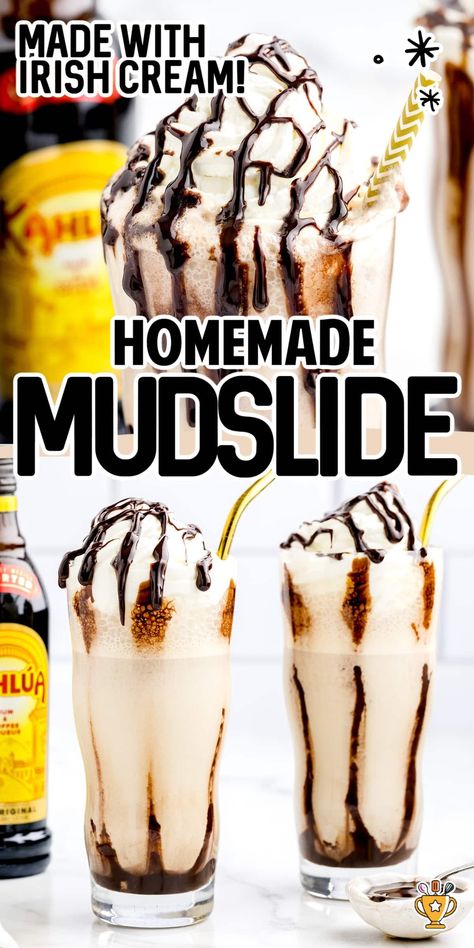 Indulge in a creamy Mudslide with vanilla and coffee ice cream, vodka, Irish cream, and Kahlua. Topped with whipped cream and chocolate drizzle. Mud Slide Drink Recipe, Mudslide Drink, Mud Slide, Mudslide Recipe, Kahlua And Cream, Espresso Martini Recipe, Creamy Cocktails, Strawberry Protein, Fluff Desserts