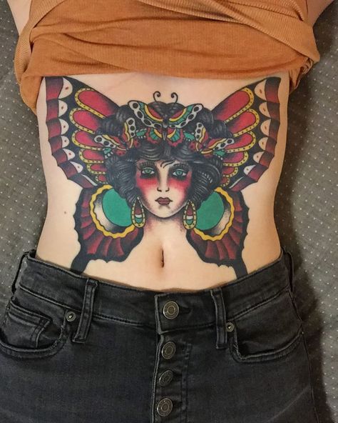 Traditional Belly Tattoo, Butterfly Portrait, Bert Grimm, Traditional Butterfly, Butterfly Lady, Belly Tattoo, Tattoo Old School, Traditional Tattoos, American Traditional