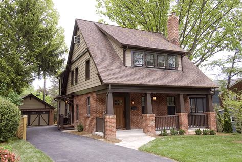 1940's Brick Colonial Home Renovation in Northern Virginia Red Brick Tan Siding House, Red Brick Brown Roof, 1940s Home Exterior, Traditional American House, Brick House Trim, Colonial Home Renovation, Orange Brick Houses, Craftsman Colors, Red Brick House Exterior