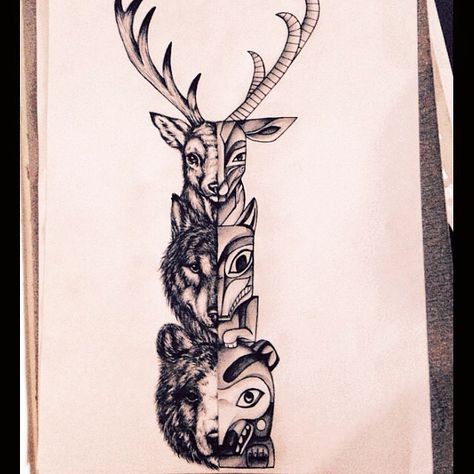 Check this out on Instagram.com Totem Pole Tattoo, Pole Tattoo, Tattoo Deer, Hunter Tattoo, Bear Sketch, Totem Tattoo, Tattoo Wolf, Native Tattoos, Petit Tattoo