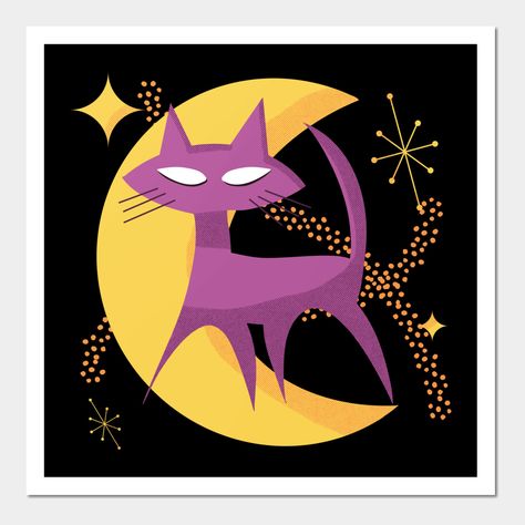 A purple cat stands in front of a yellow crescent moon waiting on Halloween. A mid-century modern atomic design that brings a vintage and retro look to the scene. -- Choose from our vast selection of art prints and posters to match with your desired size to make the perfect print or poster. Pick your favorite: Movies, TV Shows, Art, and so much more! Available in mini, small, medium, large, and extra-large depending on the design. For men, women, and children. Perfect for decoration. Mcm Halloween, Mid Century Modern Halloween, Yellow Crescent Moon, Atomic Age Design, Atomic Decor, Halloween Posters, Atomic Cat, Atomic Design, Mid Century Cat