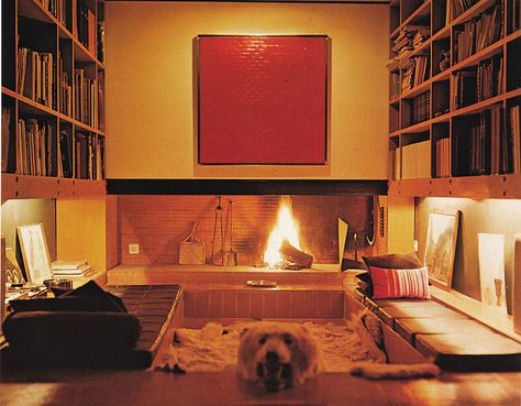 Conversation pit - circa 1973 60s Fireplace, Asymmetrical Fireplace, 70's Decor, Unicorn House, Bear Skin Rug, Fireplace Seating, Fireplace Room, Conversation Pit, Room Retro