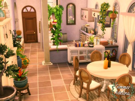 Sims 4 Island Living House Interior, Sims 4 Mediterranean House Interior, Sims 4 Spanish Style House Interior, Sims Kitchen Ideas Modern, Cottage Kitchen Sims 4, Sims 4 Spanish Style House, Sims House Interior, Sims 4 Boho House, Sims 4 Mediterranean House