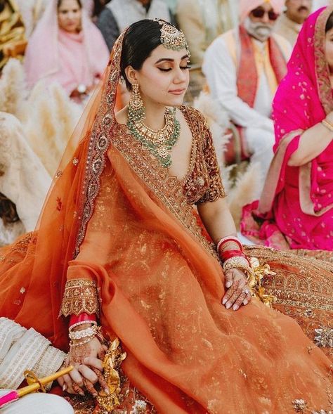 Burnt Orange Bridal Lehenga, Orange Bridal Lehenga, Lehenga Images, Wedding Outfits Indian, Rimple And Harpreet Narula, Engagement Gown, Orange Lehenga, Marathi Bride, Indian Bridesmaids