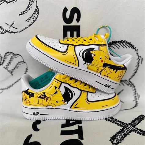 custom hand painted air force 1. Older kids size uk1 --uk5.5  ￡158 Adults size uk2.5-uk12  ￡198 -brand new in box; - Each pair is personally handmade, and painting with premium leather paint and topped with a finisher for extra protection; - Please ensure that you double check your size before ordering.  - For customized designs, feel free to leave us a message, We are willing to have your ideas done; Anime Painted Shoes, Sneaker Painting Ideas, Hand Painted Shoes Ideas, Sneakers Painting Ideas, Aj Shoes, Black Pikachu, Sneakers Painting, Paint Sneakers, Cartoon Sneakers