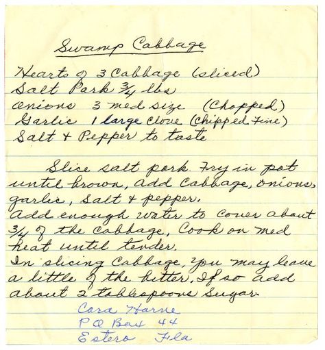 Florida Memory • Recipe for Swamp Cabbage Swamp Cabbage Recipe, Yesteryear Recipes, Baked Cabbage Recipes, Marvel Hydra, Autumn Dinners, Swamp Cabbage, Estero Florida, Florida Recipes, Baked Cabbage