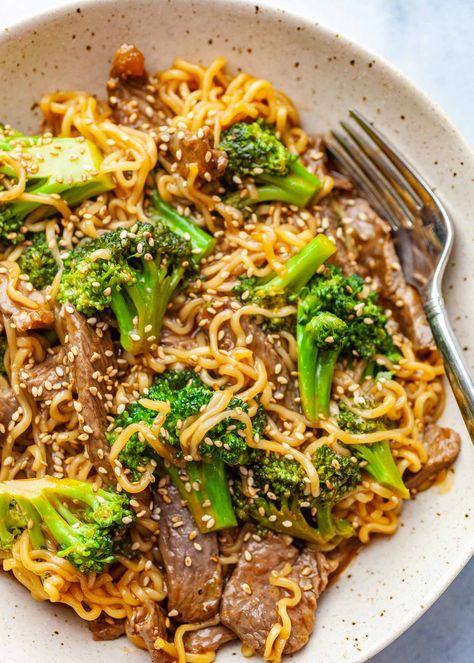 Beef and Broccoli Ramen Stir Fry! A Chinese takeout favorite—beef with broccoli—cooked with ramen noodles means this is one completely filling meal. And it's on the table in less than 30 minutes! #ramen #stirfry #beef #broccoli #simplyrecipes Steak Pasta Recipes, Raman Recipes, Shrimp Ramen Noodles, Broccoli Ramen Stir Fry, Broccoli And Beef, Beef And Broccoli Ramen, Broccoli Ramen, Shrimp Ramen, Broccoli Dishes