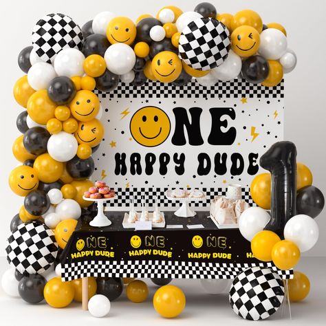 Balloon Arch With Backdrop, Smile Balloon, 1st Birthday Decorations Boy, Dude Birthday Party, 1st Birthday Boy Themes, One Happy Dude Birthday, Dude Birthday, Baby First Birthday Themes, Baby Birthday Party Theme