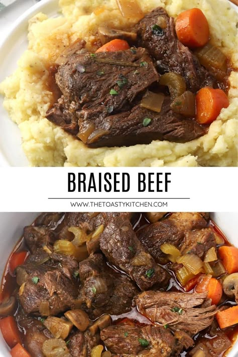 Braised beef by The Toasty Kitchen. Braised beef is seared and slow-cooked on the stovetop until fall-apart tender. Chuck roast, vegetables, and fresh herbs are cooked in a rich, savory sauce that makes the ultimate comforting meal. #beef #fall #mains How To Cook Silverside Beef, Stovetop Chuck Roast Recipes, Braised Round Steak, Beef Topside Recipe, Braised Beef Chuck Roast, Chuck Roast Recipes Stove, Easy Beef Stew Stove Top, Slow Cooked Silverside, Beef Chunks Recipes