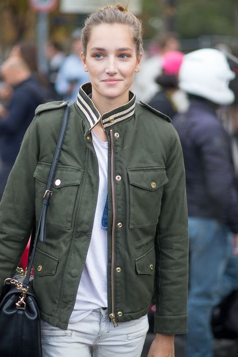 Josephine Le Tutuor - HarpersBAZAAR.com Josephine Le Tutour, How To Wear Shirt, French Icons, Military Jacket Green, Blue Denim Shirt, 90s Models, Paris Fashion Week Street Style, White Crew Neck, Wear Green