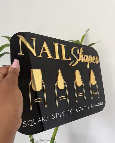 Nail Shape Display Signage Elevate your space with our eye-catching Nail Shape Signs! This stunning nail shape signage is perfect for your salon, beauty room, or aesthetics room. Crafted with meticulous attention to detail, our signs feature stunning 3D mirror acrylic icons, available in your choice of gold mirror, rose gold mirror ,silver mirror and 7+ mirror colours. Specification ✨: Choose your colours from our acrylic colour chart. Made from 2 layers of 3mm acrylic. Size 📏: 12 x 16.5 ... Nail Salon Signage, Mirror Signage Design, Signs For Nail Salons, Acrylic Salon Sign, Acrylic Logo Sign Business, Nail Shapes Square, 3d Mirror, Bridal Art, Signs Decor