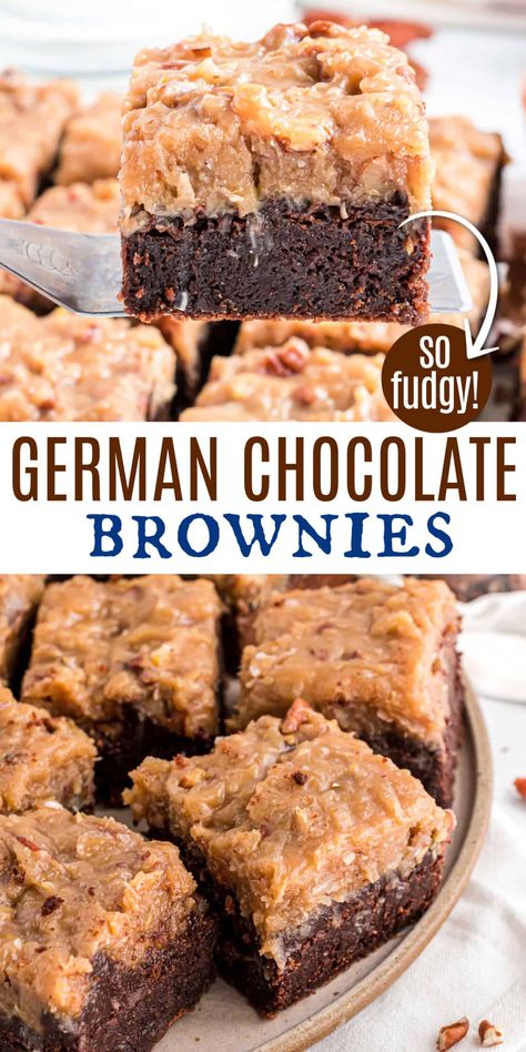 German Chocolate Bars, German Chocolate Brownies, Brownie Desserts Recipes, Pecan Frosting, Coconut Pecan Frosting, Shugary Sweets, Brownie Toppings, Coconut Pecan, Brownie Ingredients