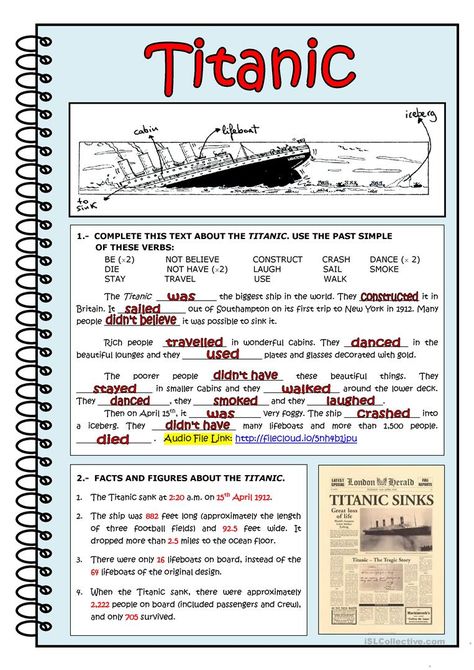 TITANIC - English ESL Worksheets for distance learning and physical classrooms Titanic Worksheets, Titanic Sinking, Past Simple, English Exercises, Make Em Laugh, English Grammar Worksheets, Learn Facts, The Titanic, English Teaching