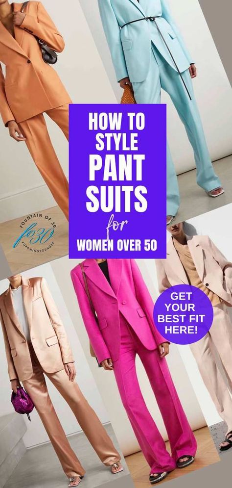 Minimalist suits are ideal for women over 50. They look chic and pulled together. Here's how to find the best fit and how to style a suit. #springtrends #suits #over50 #fashion #style Pants Suits For Women Chic Casual, Spring Pant Suits For Women, Women’s Business Pant Suits, Women's Pant Suit, Spring Double-breasted Business Casual Pantsuit, Elegant Double-breasted Spring Pantsuit, Spring Elegant Double-breasted Pantsuit, Elegant V-neck Spring Pantsuit, Pants Suits For Women Chic