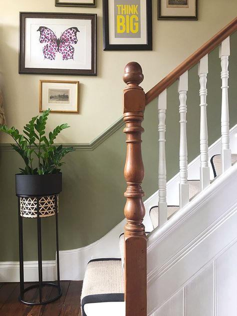 Renovating a Staircase: Give Your Stairs a New Lease of Life | Homebuilding Staircase Ideas 1930s, Georgian Staircase Ideas, Earthy Staircase, 1930 Staircase, Panelling Up Stairs, Green Bannister, 1930s Stairs, 70s Staircase, 1930s Staircase