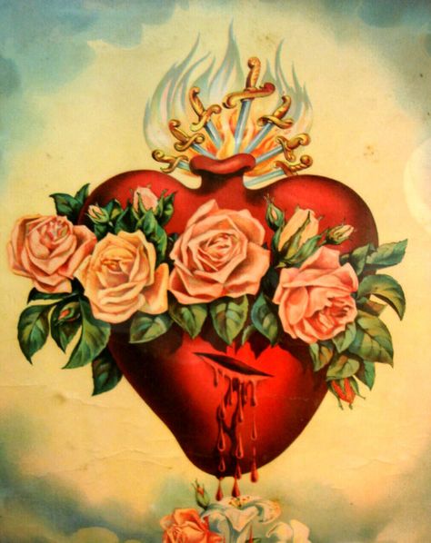 An early 20th century lithograph of the Immaculate Heart of Mary. Sacred Heart Art, Sacred Heart Tattoos, Blessed Virgin Mary, Catholic Art, Mexican Art, Blessed Mother, Mexican Folk Art, Sacred Art, Heart Art