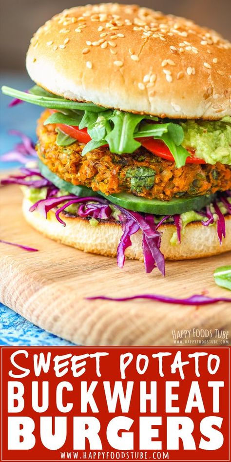 Vegetarian Sweet Potato and Buckwheat Burger Recipe. Easy to make meat free patties. #vegetarian #burgers #sweetpotato #vegan #glutenfree #buckwheat #veggie #patties #easyrecipe #homecooking #hamburger #meatfree via @happyfoodstube Sweet Potato Veggie Burger, Vegetarian Burger Recipe, Vegetarian Burgers, Sweet Potato Burgers, Veggie Patties, Vegetable Snacks, Meat Free Recipes, Vegetarian Burger, Vegan Beans