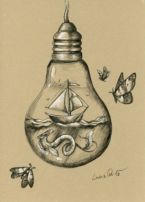 Hidden Worlds. A Glimpse of Fairyland Animals in Drawings. By Lucie Ondruskova. Light Bulb Art, Art Du Croquis, 심플한 그림, Artsy Ideas, Desen Realist, Seni 3d, Desenho Tattoo, Pencil Art Drawings, Cool Art Drawings