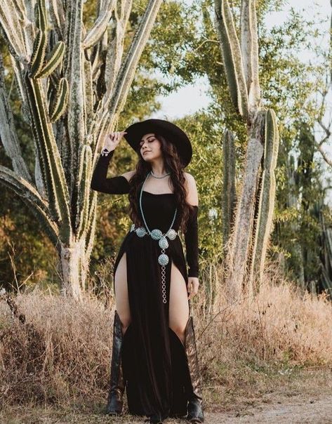 Black And Brown Western Outfit, Black On Black Cowgirl Outfit, Gothic Cowgirl Costume, Black Cowgirl Dress Outfit, Country Black Dress Outfit, Cowgirl Dress Photoshoot, Western Fashion Wedding Guest, Western Curvy Outfits, Gothic Country Aesthetic Outfits