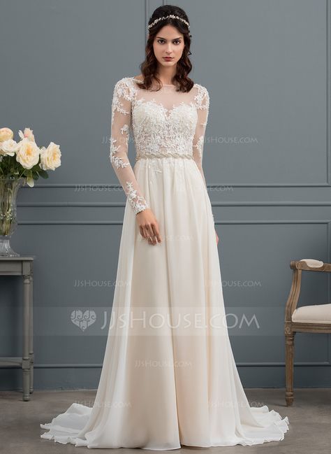 A-Line/Princess Scoop Neck Court Train Chiffon Wedding Dress With Beading Sequins Jj House Wedding Dresses, Wedding Dress With Bow, Asymmetrical Wedding Dress, Wedding Dress With Beading, Wedding Moodboard, Bow Wedding Dress, Chiffon Wedding Dress, Wedding Dress Chiffon, Affordable Wedding Dresses