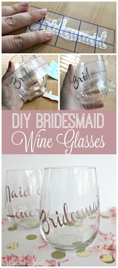 DIY Bridesmaid Wine Glasses #bridesmaid #bridesmaidproposal #bridesmaidgift Bridesmaid Wine Glasses, Diy Bridesmaid Gifts, Bridesmaid Diy, Bridesmaid Wine, Diy Wine Glasses, Diy Wedding Gifts, Wedding Gifts For Bridesmaids, Diy Wedding Favors, Wedding Gift Favors