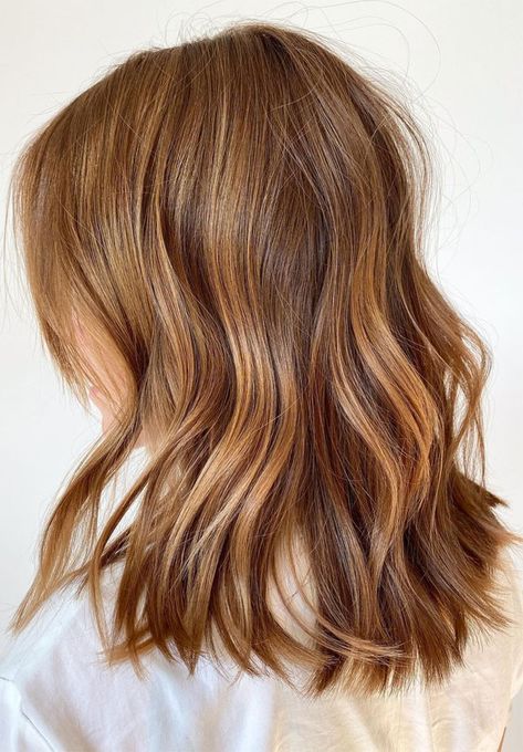 32 Beautiful Golden Brown Hair Color Ideas : Balayage Beauty Medium Length Light Golden Brunette Hair, Brown Sugar Brown Hair, Medium Hair Highlights Brown, Call Brunette Hair Color, Soft Auburn Balayage, Low Lights For Reddish Brown Hair, Golden Babylights Brunette, Golden Red Balayage, Golden Brown Copper Hair