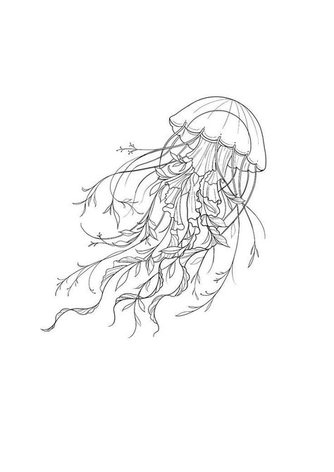 Jellyfish Design Tattoo, Jellyfish And Whale Tattoo, Sealife Spine Tattoo, Single Line Jellyfish Tattoo, Unique Medium Tattoo Ideas, Jellyfish Tattoo Women, Jelly Tattoo Fish, Jellyfish Tattoo Designs For Women, Large Jellyfish Tattoo